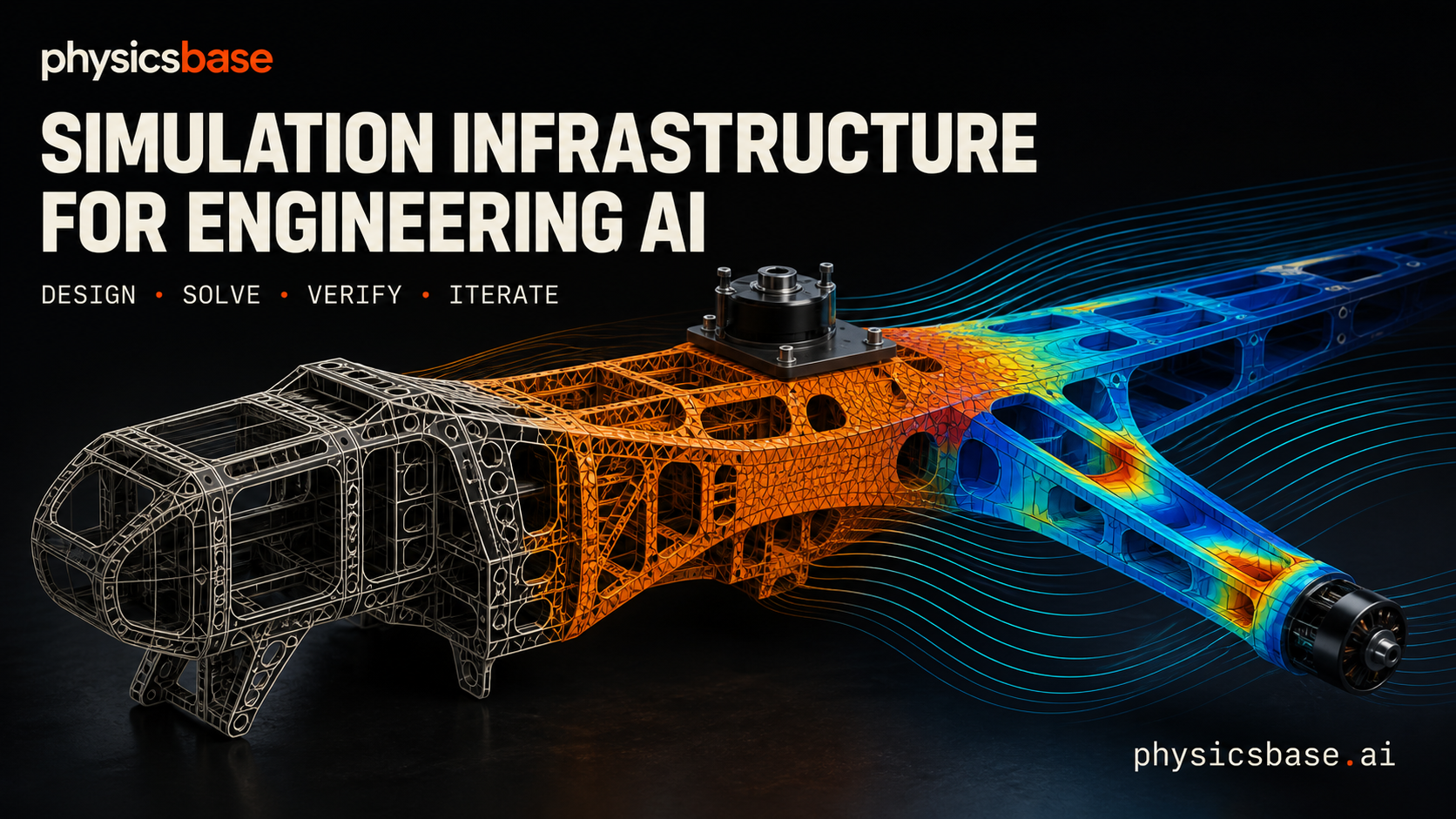Aerospace CAD structure transitioning from wireframe to mesh and checked simulation contours